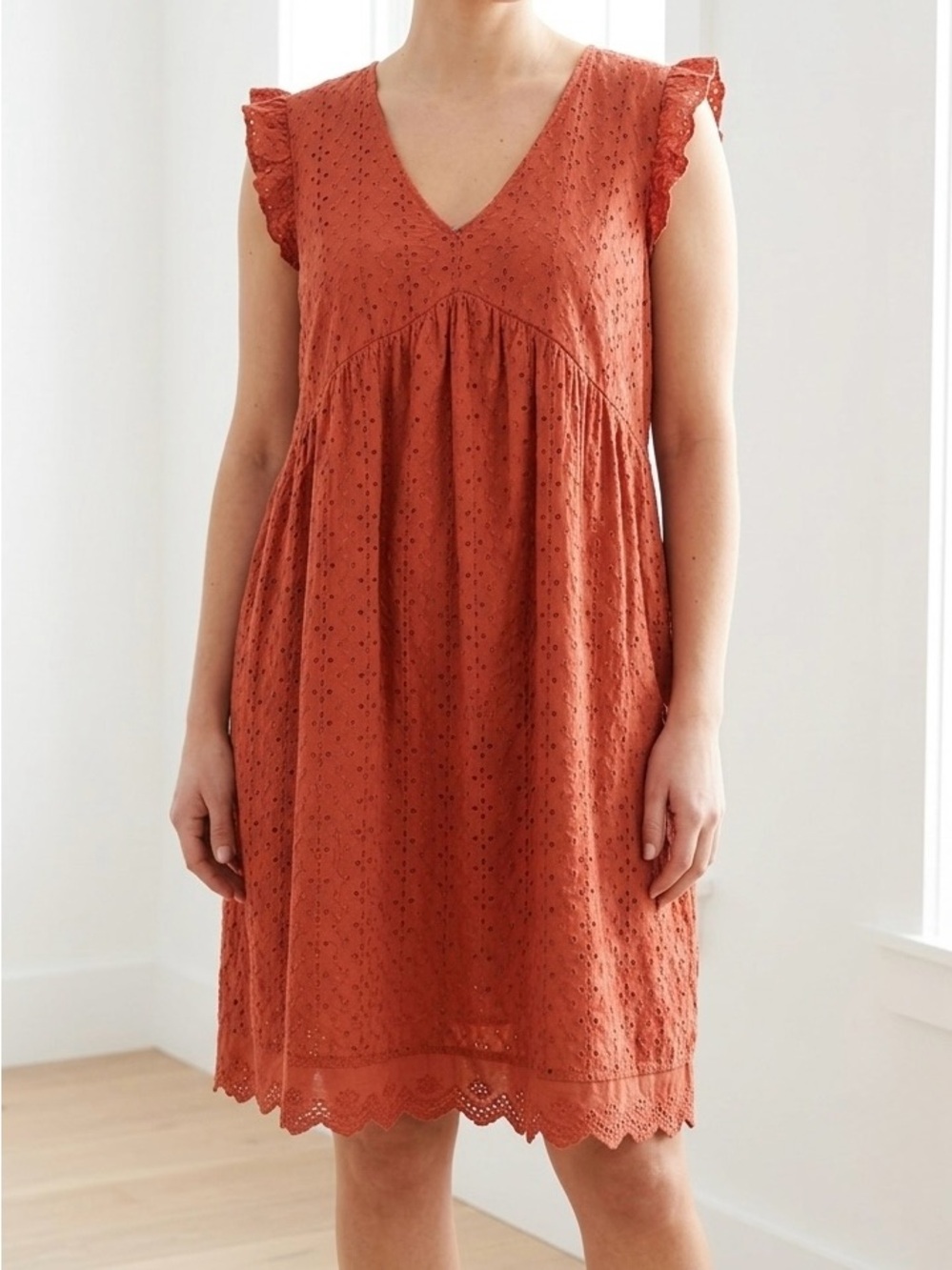 Knox Rose Burnt Orange Eyelet Lace V-Neck Shift Dress XL Ruffle Sleeve Boho EUC